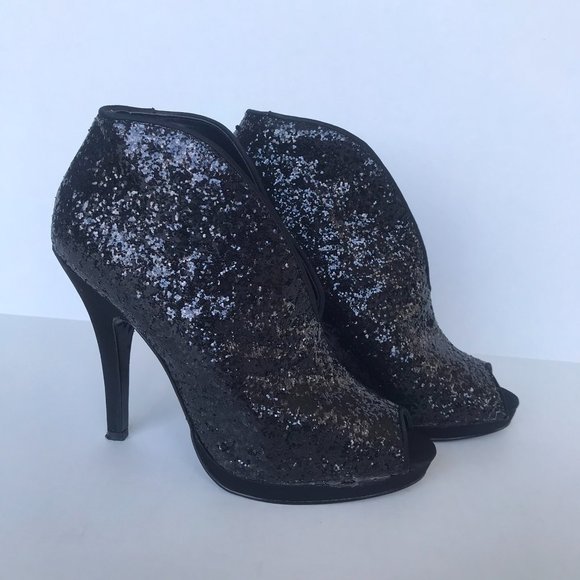 Nina Shoes - Black Sequin Peep Toe Booties